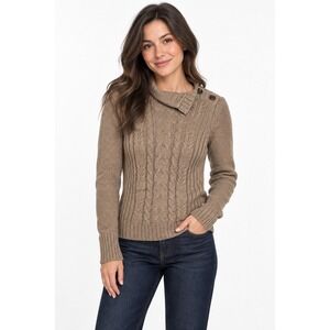 Preppy Fisherman Cable Knit Sweater Petite M Taupe Asymmetric Button Collar